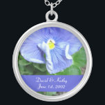 Blue Pansy Flower Necklace<br><div class="desc">This is Blue Pansy flower. Makes a great gift for a loved one. Names and Date can be changed to your own. Just enter them in the text boxes to the right. Check out my other necklaces in my store.</div>