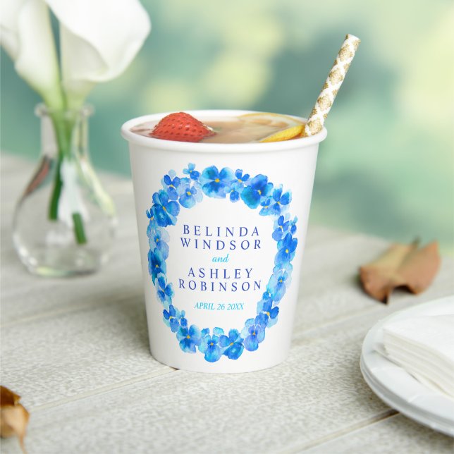 Blue pansy flower wreath watercolor art wedding paper cups (Insitu)