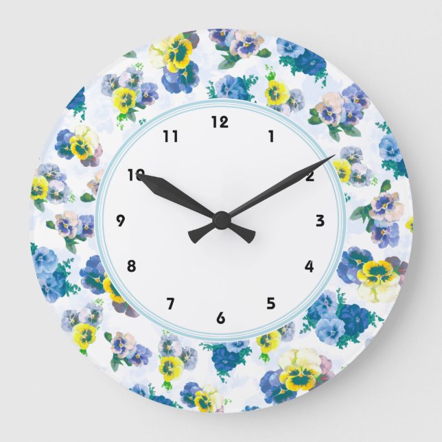 Blue Pansy Flowers floral pattern Large Clock (Front)