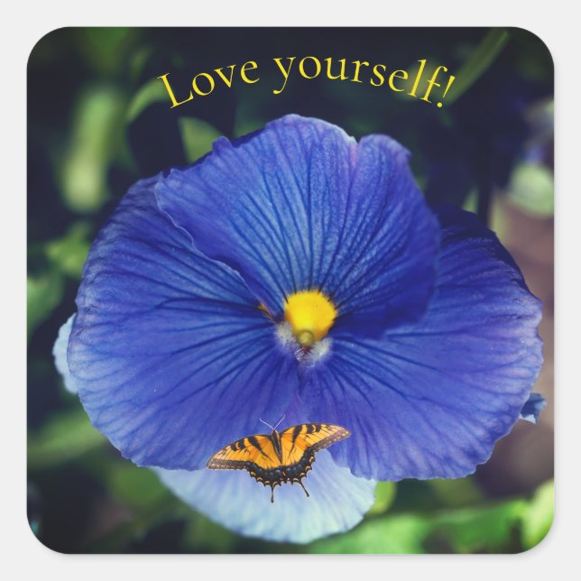 Blue pansy viola square sticker (Front)
