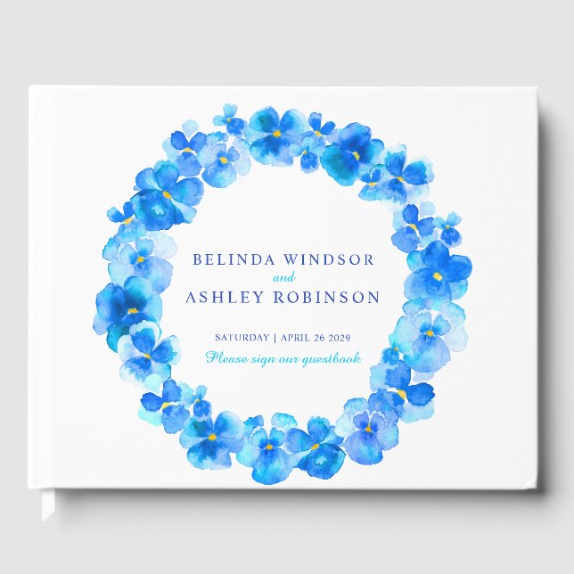 Blue pansy wreath watercolor wedding guest book (Front)