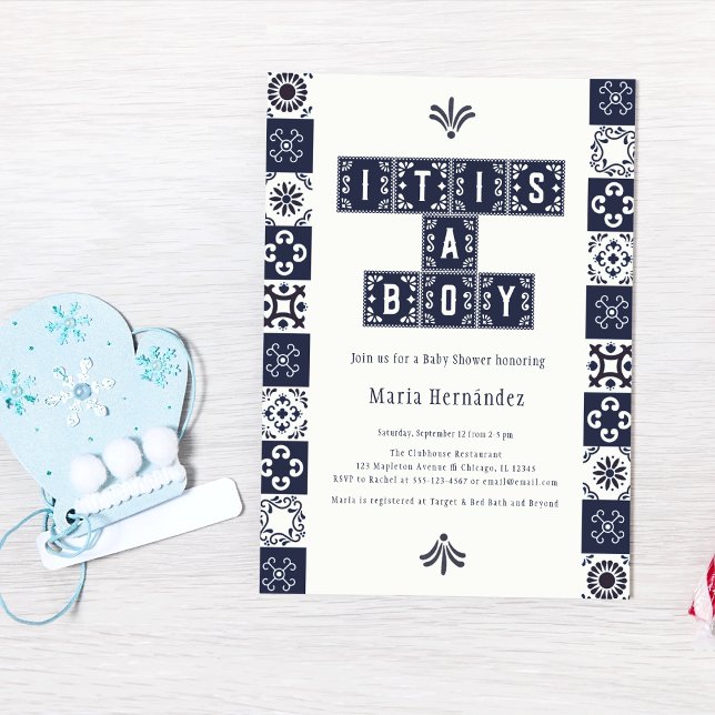 Blue Papel Picado Fiesta It's a Boy Baby Shower  Invitation (Creator Uploaded)