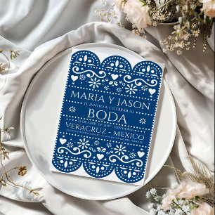 Blue Papel Picado Folk Art Spanish Wedding Invitation