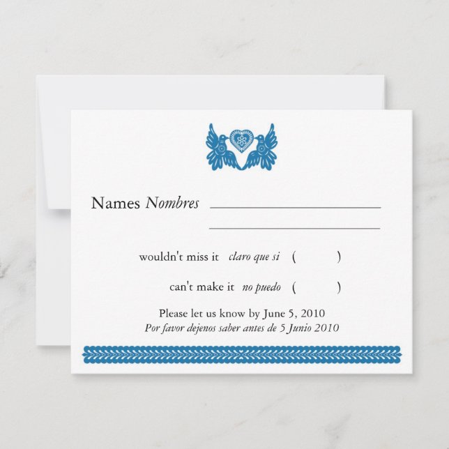 Blue Papel Picado Style Love Birds RSVP Card (Front)