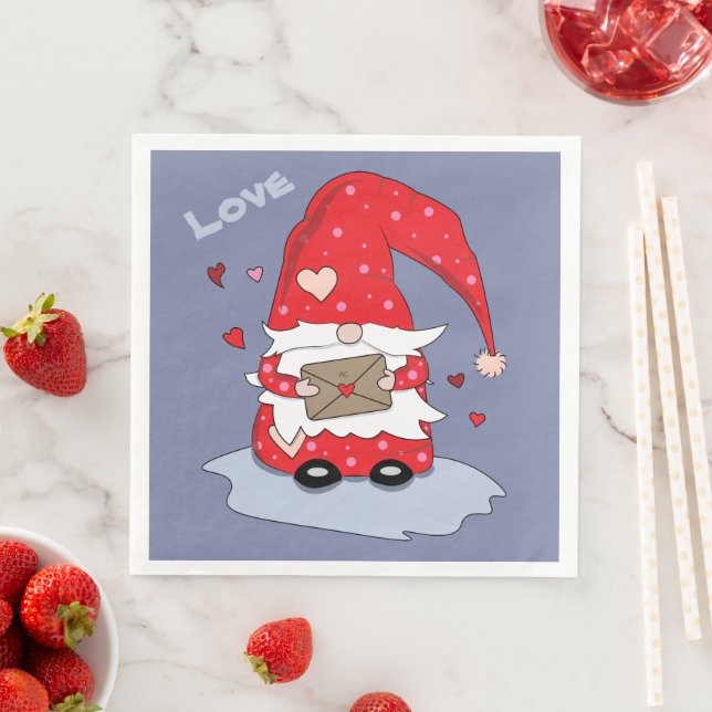 Blue Paper Napkins with Red Gnome and Hearts (Insitu)