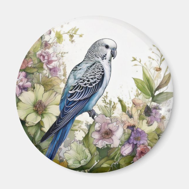 Blue Parakeet and Flowers Magnet (Front)