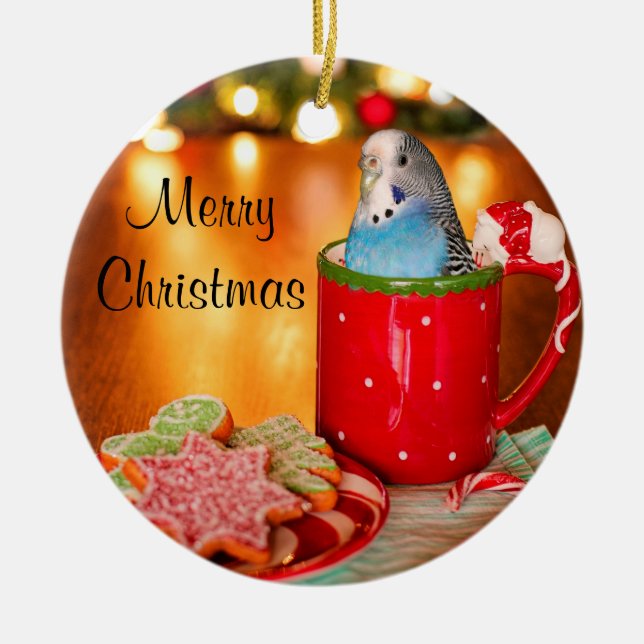 Blue Parakeet Christmas Ceramic Tree Decoration (Front)