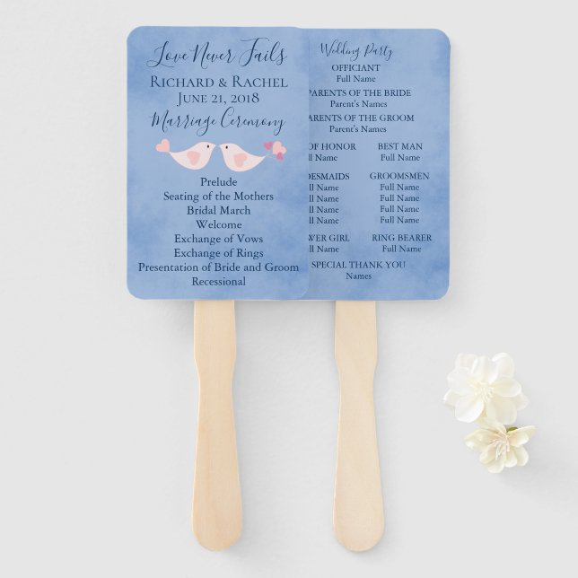 Blue Parchment Pink Love Birds Hand Fan (Front and Back)