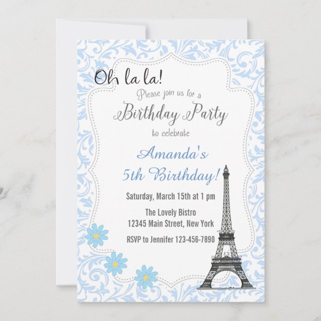 Blue Paris Romantic Birthday Invitation (Front)