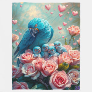 Blue Parrot and Babies Fleece Blanket
