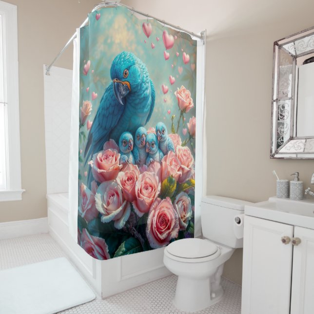 Blue Parrot and Babies Shower Curtain (In Situ)