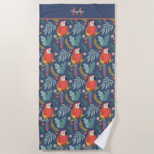 Blue Parrot Land Tropical Pattern Monogram Beach Towel
