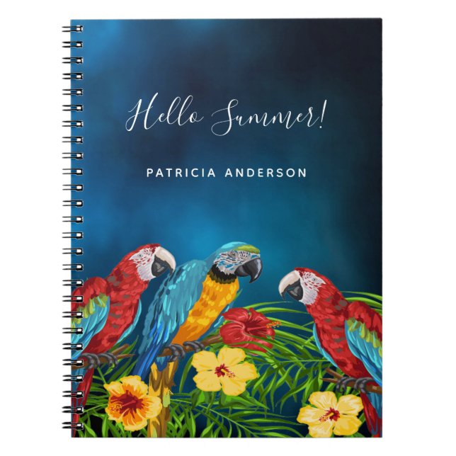 Blue parrots birds florals hello summer notebook (Front)