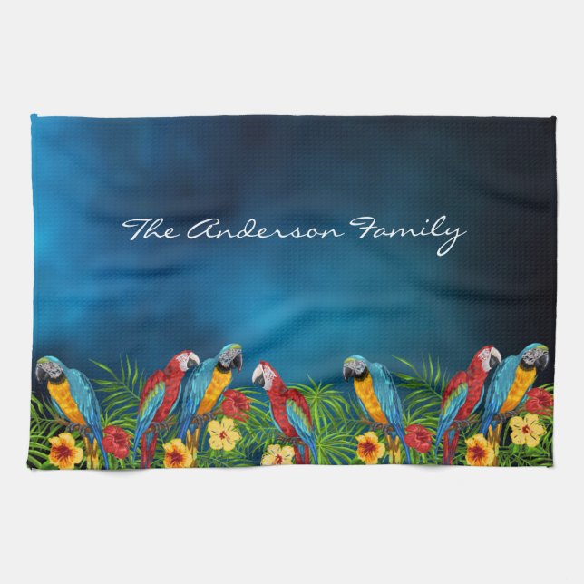 Blue parrots birds tropical family name tea towel (Horizontal)