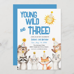 Blue Party Forest Animals Party Hats 3rd Birthday Invitation