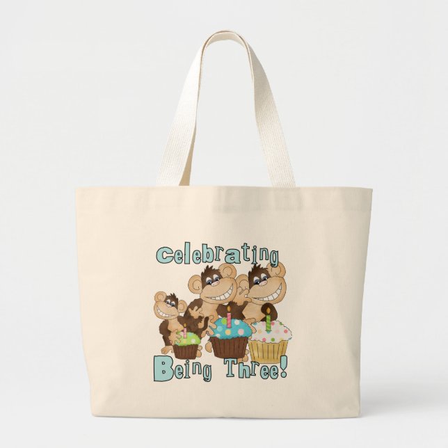 Blue Party Monkeys 3rd Birthday T-shirts and Gifts Large Tote Bag (Front)