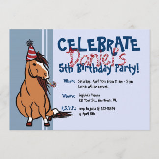 Blue Party Pony Boys 5th Birthday Invitation