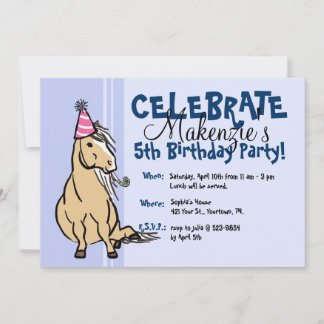 Blue Party Pony Girls Birthday Invitation
