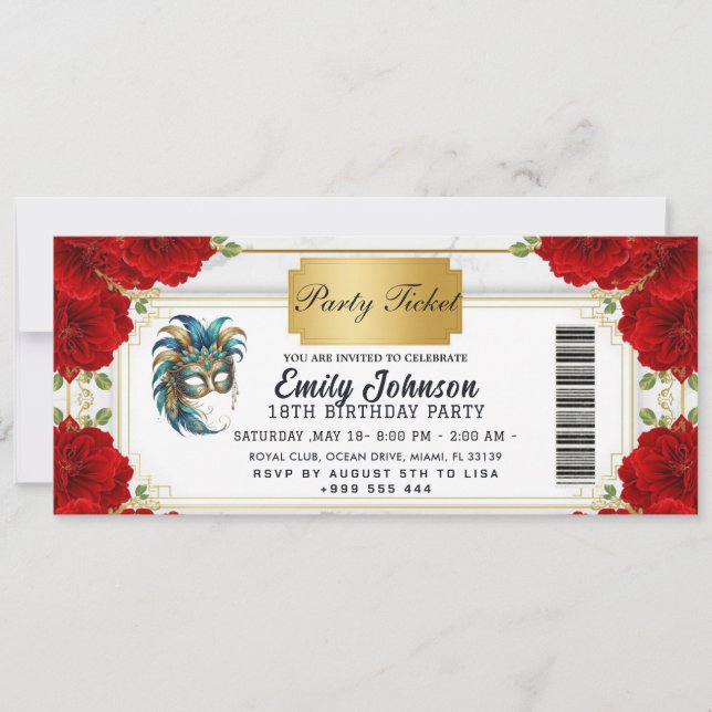  blue party ticket invitations  (Front)