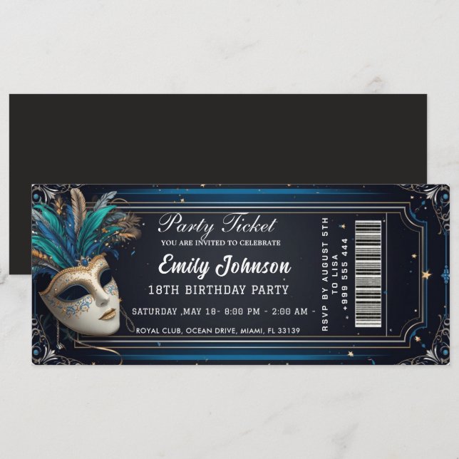  blue party ticket invitations  (Front/Back)