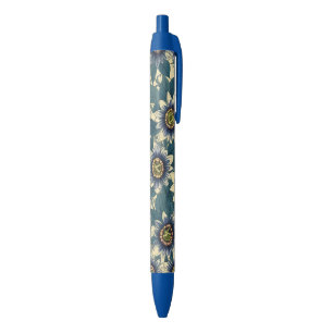 Blue Passion Flower pattern Black Ink Pen