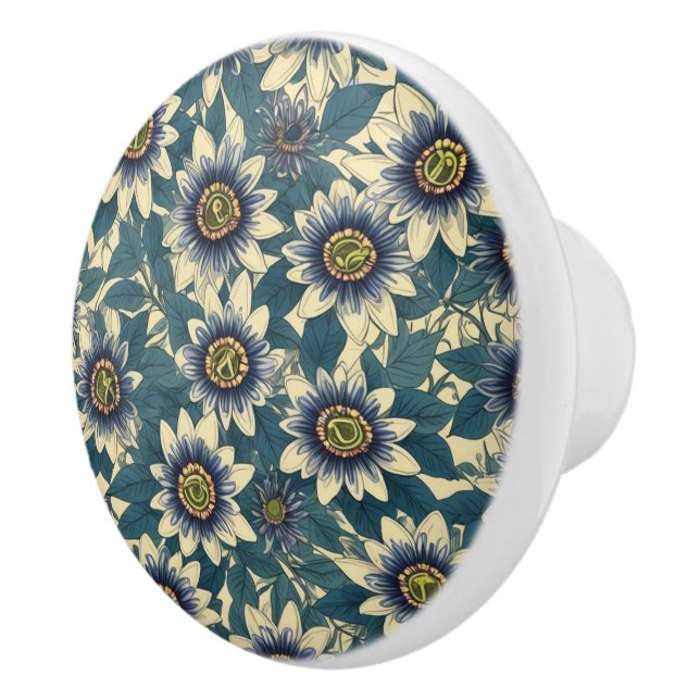 Blue Passion Flower pattern Ceramic Knob (Right)