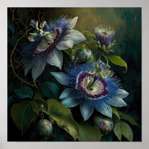 Blue Passion Flowers Art Print Poster