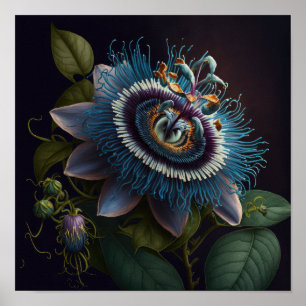 Blue Passion Flowers Art Print Poster