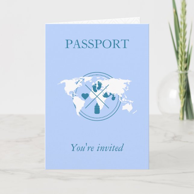  Blue Passport Travel Boy Baby Shower World Map Invitation (Front)