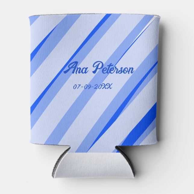 Blue pastel add name date boho retro lines pattern can cooler (Front)