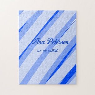 Blue pastel add name date boho retro lines pattern jigsaw puzzle