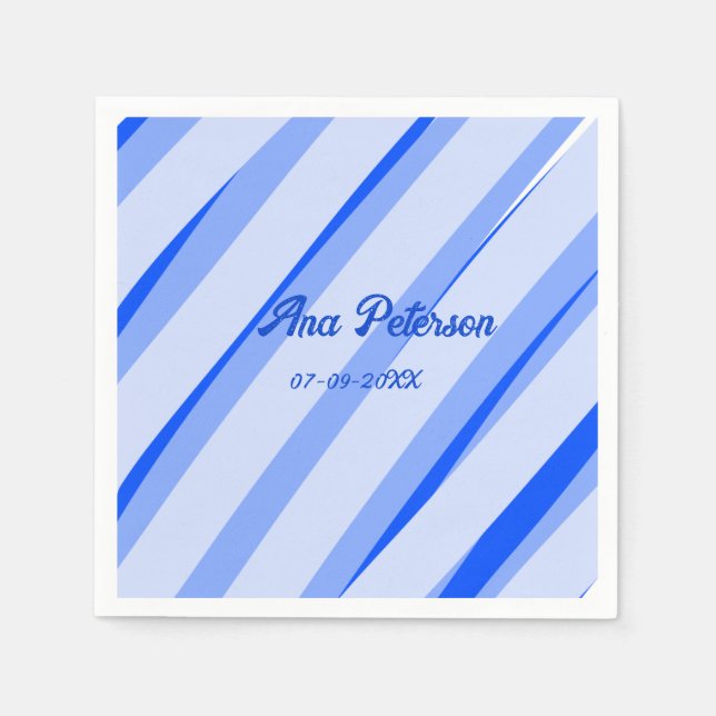 Blue pastel add name date boho retro lines pattern napkin (Front)