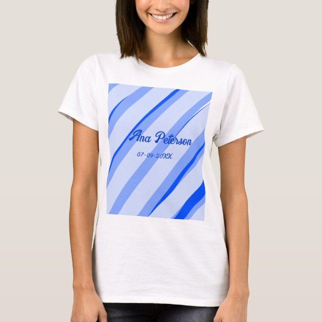 Blue pastel add name date boho retro lines pattern T-Shirt (Front)