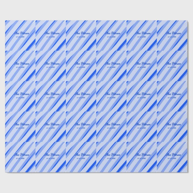 Blue pastel add name date boho retro lines pattern wrapping paper (Flat)