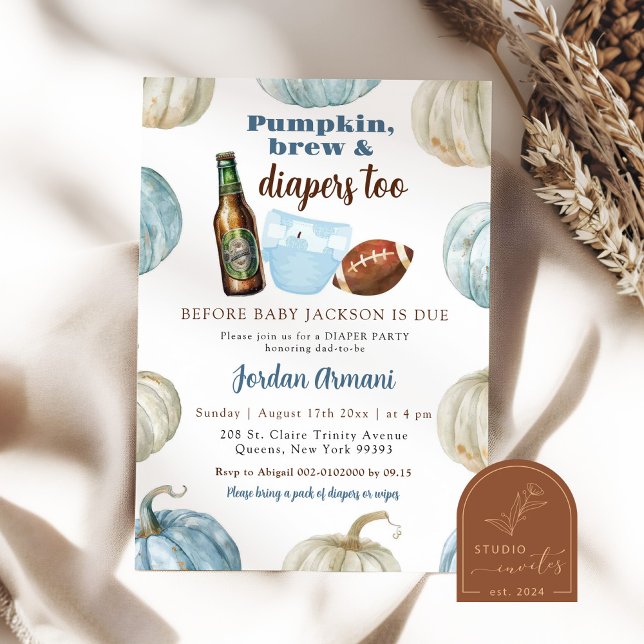 Blue Pastel Boy Pumpkin Brew and Diapers Invitation (Creator Uploaded)