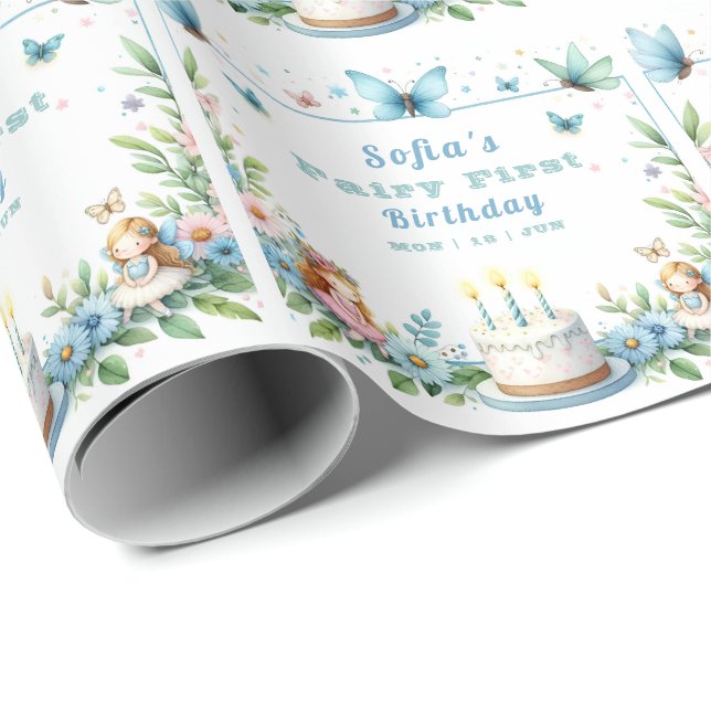 Blue Pastel Butterfly Fairy First Birthday - Wrapping Paper (Roll Corner)