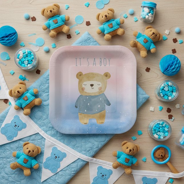 Blue pastel cute bear it's a boy paper plate (Blue pastel cute bear it's a boy paper plates.)