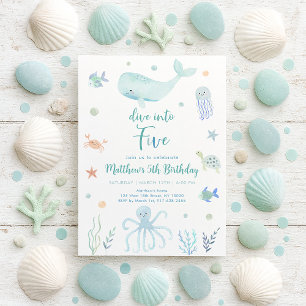 Blue Pastel Dive into Five Under the Sea Birthday Invitation
