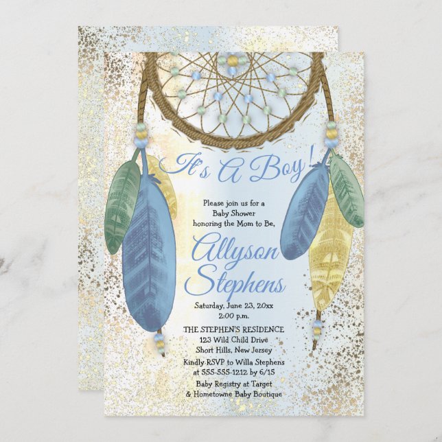 Blue Pastel Dreamcatcher It's A Boy Baby Shower Invitation (Front/Back)