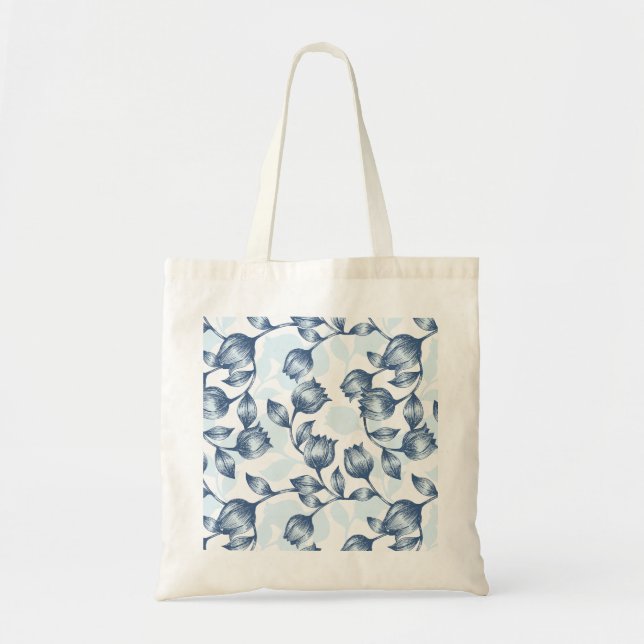 Blue Pastel Elegance: Tulip Silhouette Floral Patt Tote Bag (Front)