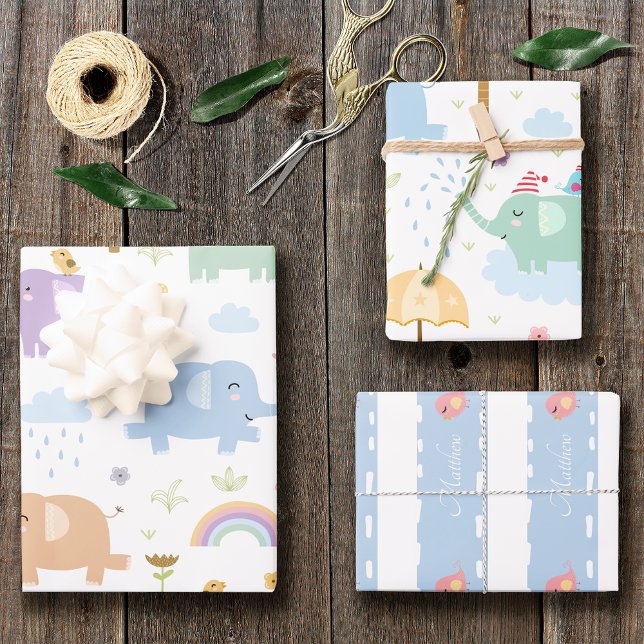 Blue Pastel Elephant Pattern for Little Boy Party Wrapping Paper Sheet (Creator Uploaded)
