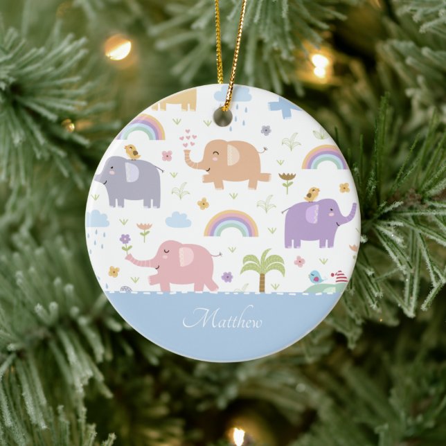 Blue Pastel Elephant Pattern Little Boy Christmas Ceramic Tree Decoration (Tree)