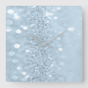 Blue Pastel Glitter Grey Metal Abstract Spark Square Wall Clock