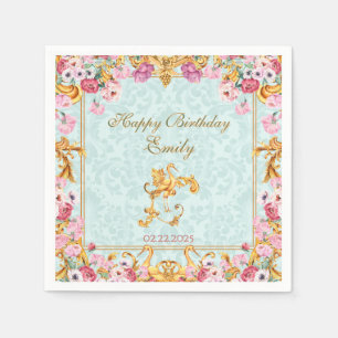 Blue Pastel Gold Baroque Rococo Happy Birthday Napkin