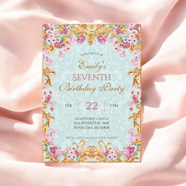 Blue Pastel Gold Seventh Baroque Rococo Birthday Invitation (Creator Uploaded)