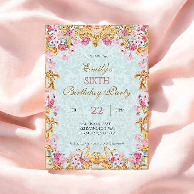 Blue Pastel Gold Sixth Baroque Rococo Birthday Invitation (Creator Uploaded)