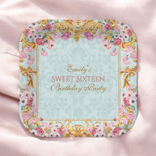 Blue Pastel Gold Sweet 16 Baroque Rococo Birthday Paper Plate