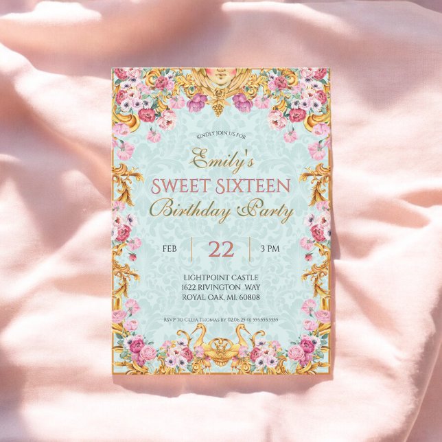 Blue Pastel Gold Sweet Sixteen Rococo Birthday Invitation (Creator Uploaded)