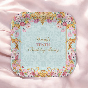 Blue Pastel Gold Tenth Baroque Rococo Birthday Paper Plate