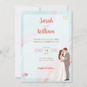 Blue Pastel Illustrated Couple Wedding Invitation